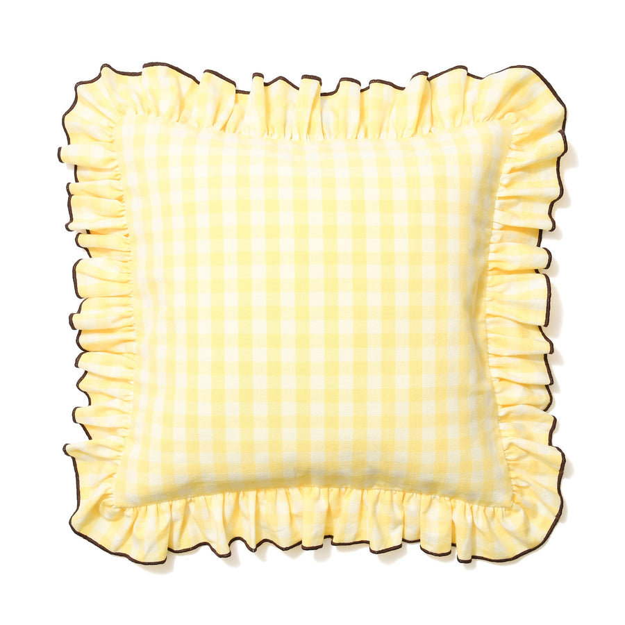 フリルチェック クッションカバー 45×45 ライトイエロー（C-113）