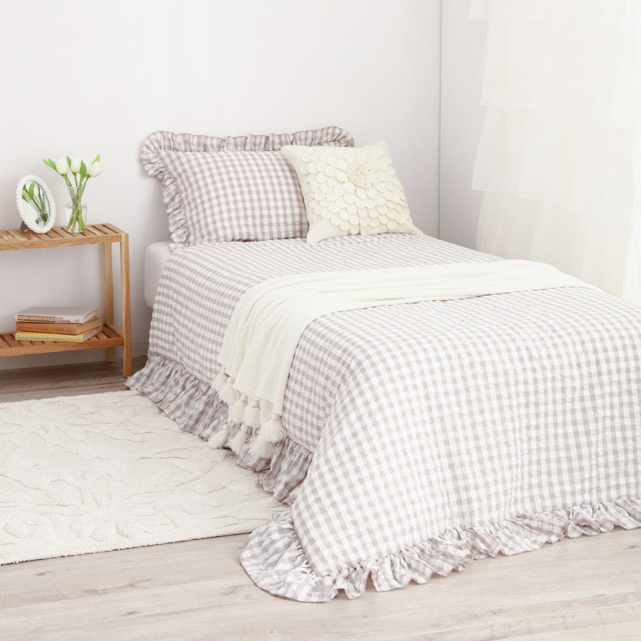 Frill Check Duvet Cover Single White x Beige