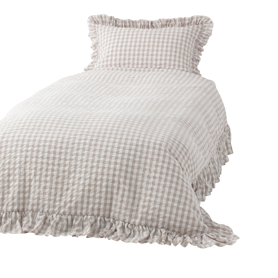 Frill Check Duvet Cover Single White x Beige