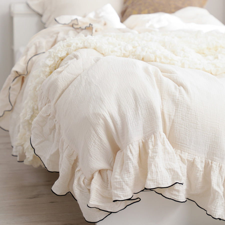 フリル ガーゼ 掛け布団カバー セミダブル アイボリー×ブラック