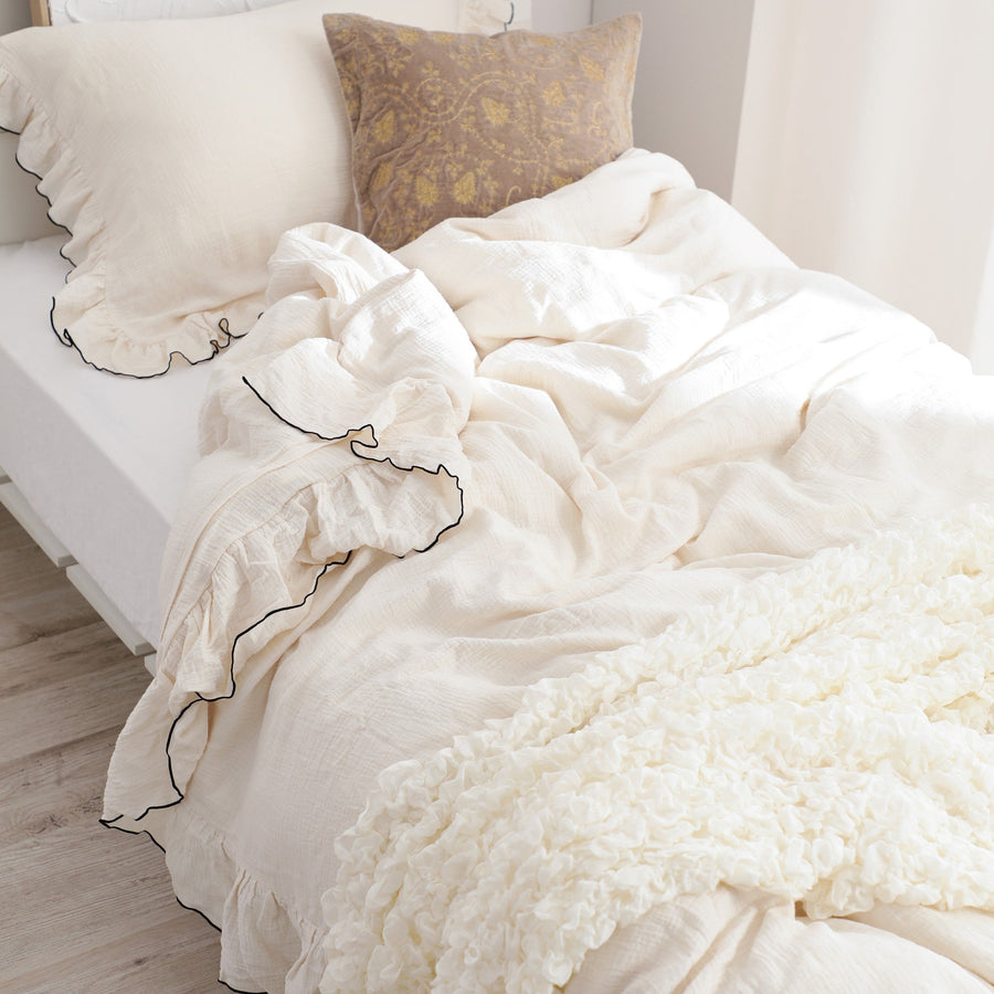 フリル ガーゼ 掛け布団カバー ダブル アイボリー×ブラック