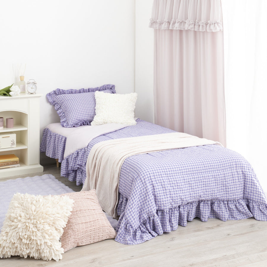 Fluffy cooling bed pad, frill check, semi-double, pink x purple