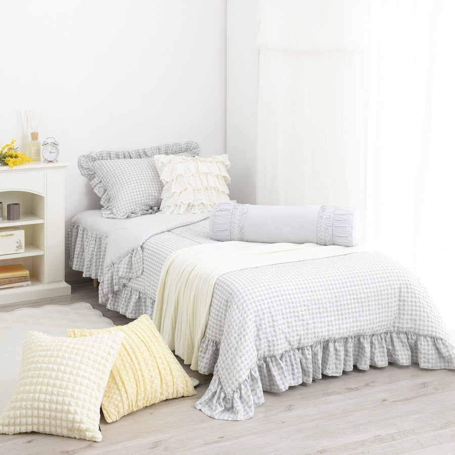 Fluffy cooling blanket, frill check, double, white x grey