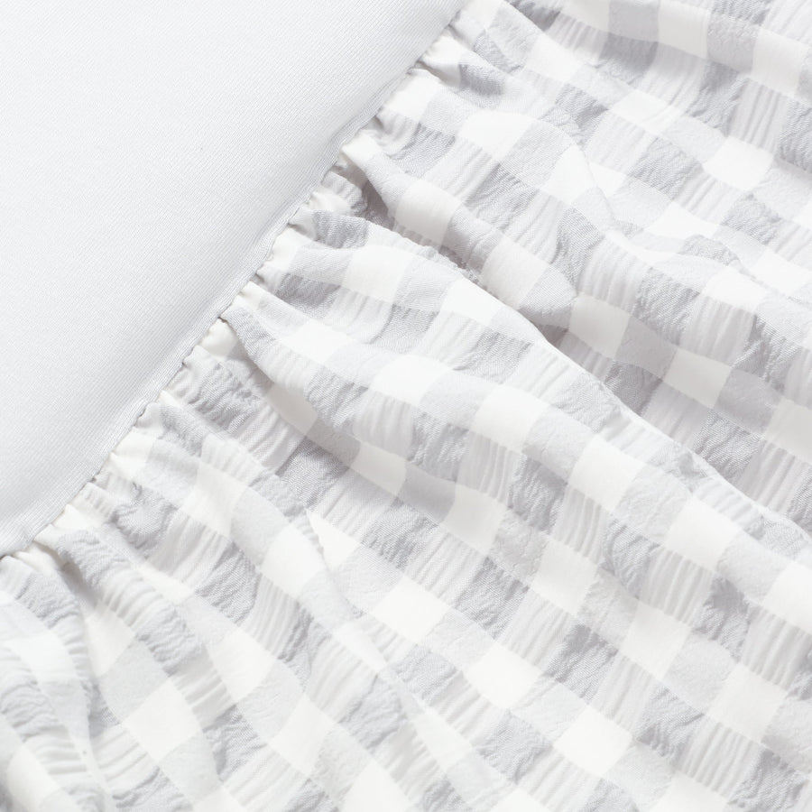 ふわろ 夏でもひんやりもちもち ベッドパッド フリルチェック ダブル ホワイト×グレー