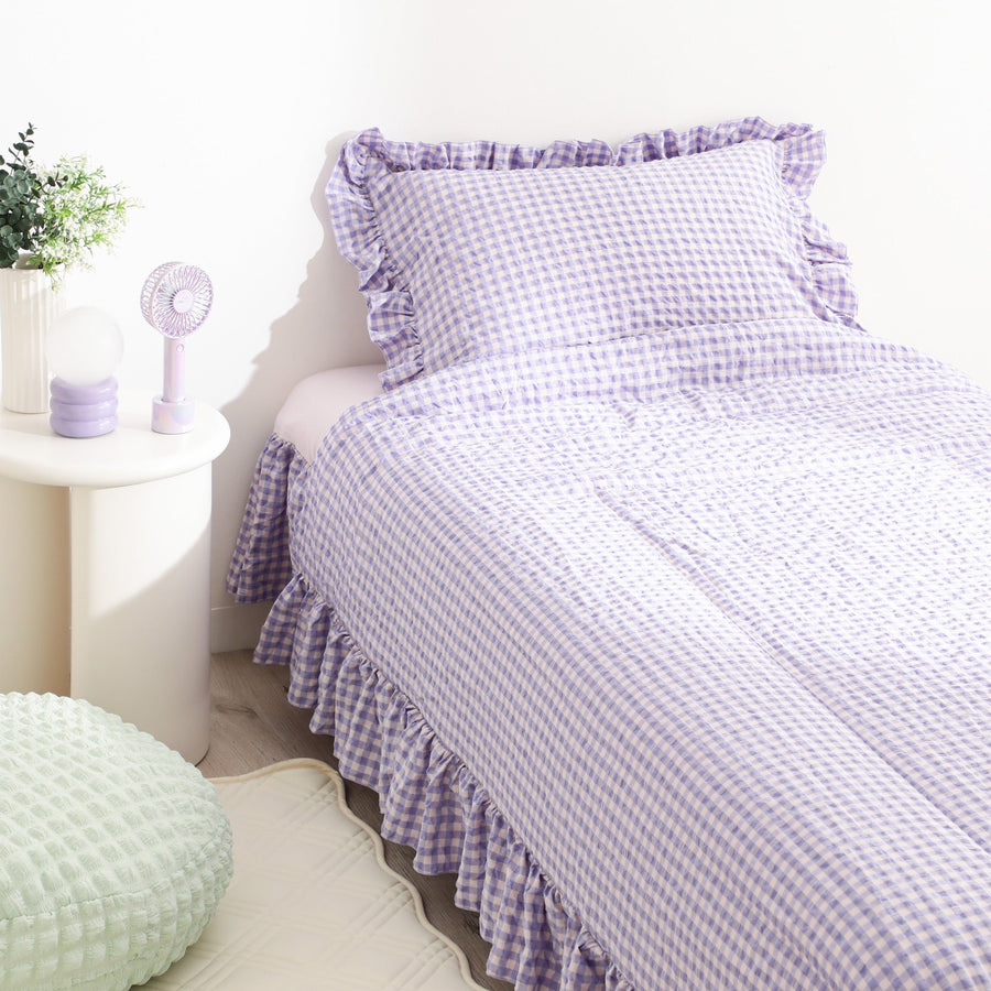 ふわろ 夏でもひんやりもちもち ベッドパッド フリルチェック ダブル ピンク×パープル