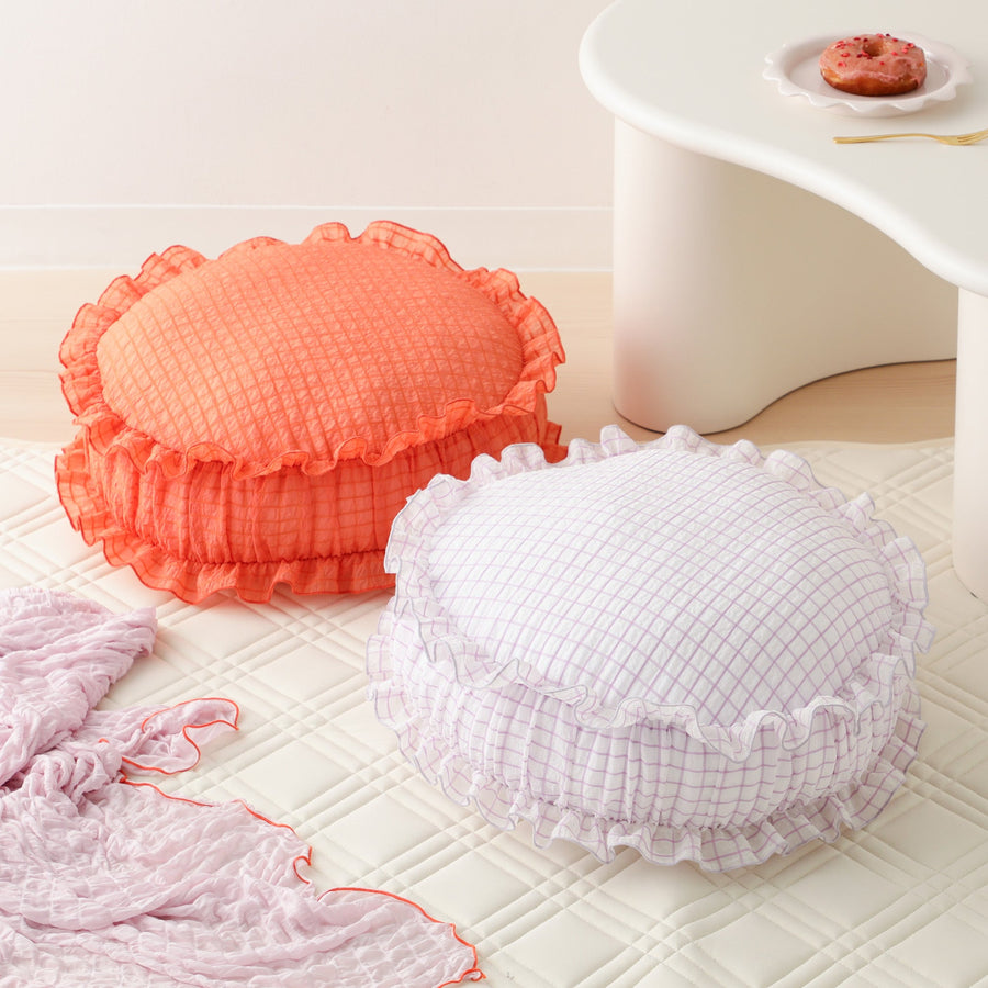 シアーチェック フリル クッション φ420 パープル