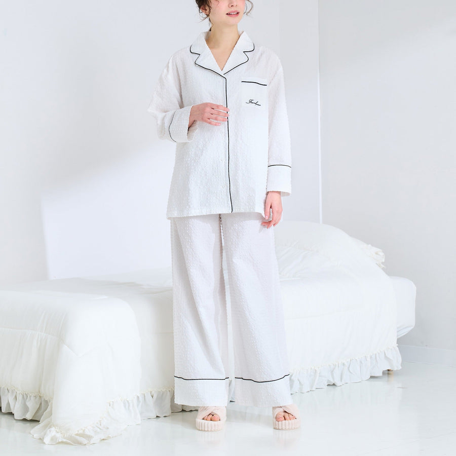ロゴ刺繍 チェックジャガードパジャマ ホワイト