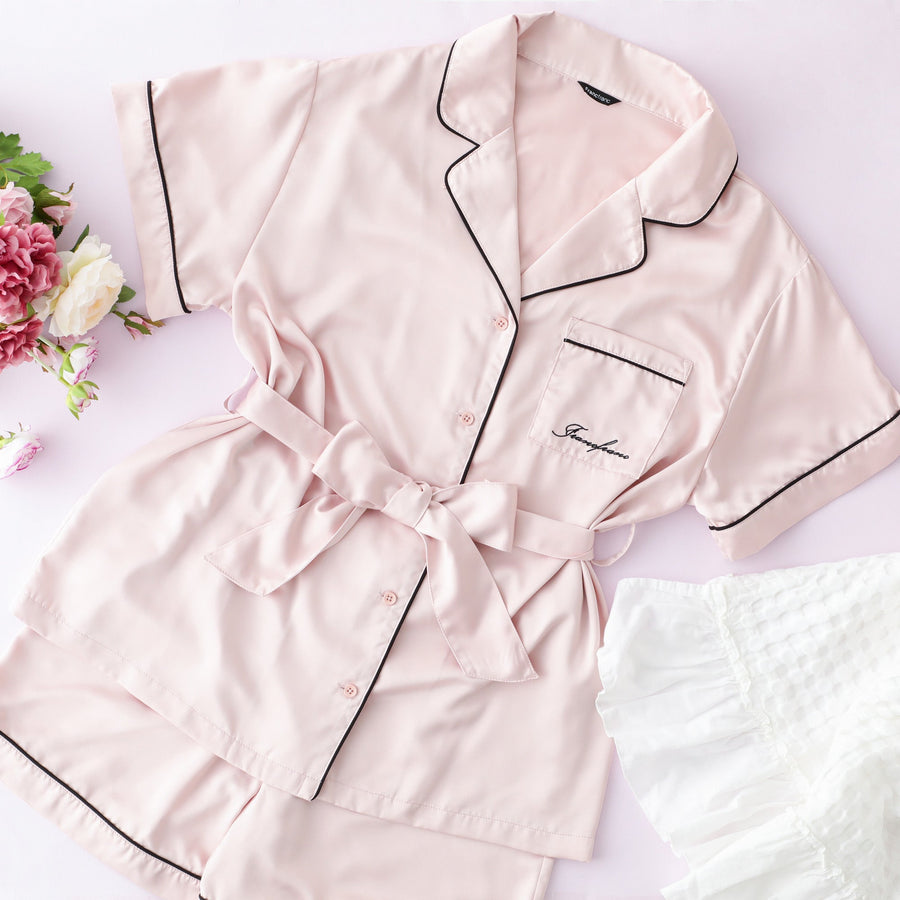 ヒアルロン酸加工ロゴ刺繍 半袖半ズボンパジャマ ピンク