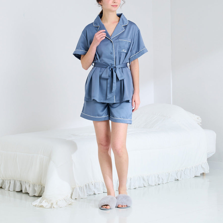 ヒアルロン酸加工ロゴ刺繍 半袖半ズボンパジャマ ブルー
