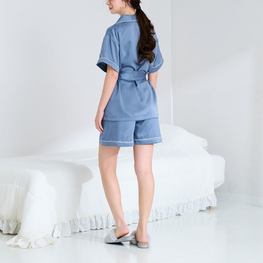 ヒアルロン酸加工ロゴ刺繍 半袖半ズボンパジャマ ブルー
