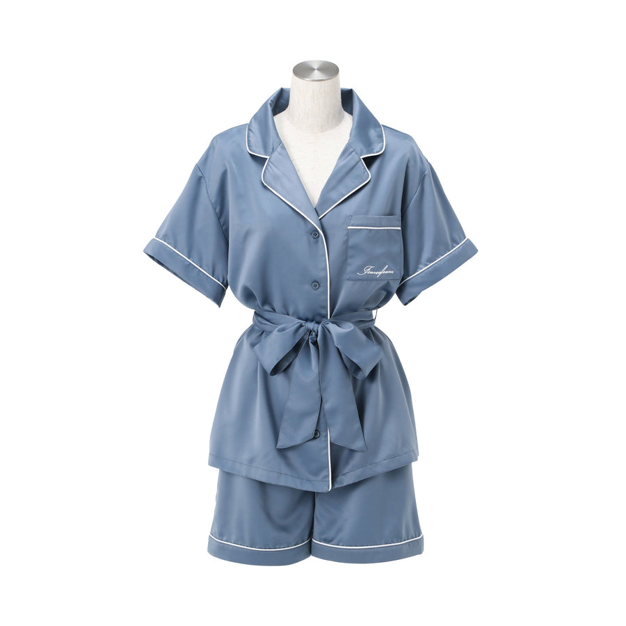 ヒアルロン酸加工ロゴ刺繍 半袖半ズボンパジャマ ブルー