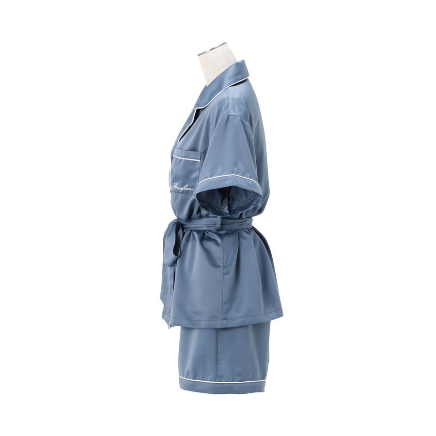 ヒアルロン酸加工ロゴ刺繍 半袖半ズボンパジャマ ブルー