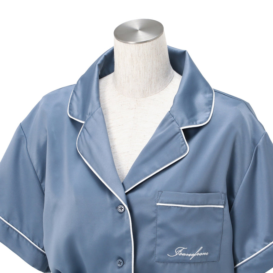 ヒアルロン酸加工ロゴ刺繍 半袖半ズボンパジャマ ブルー