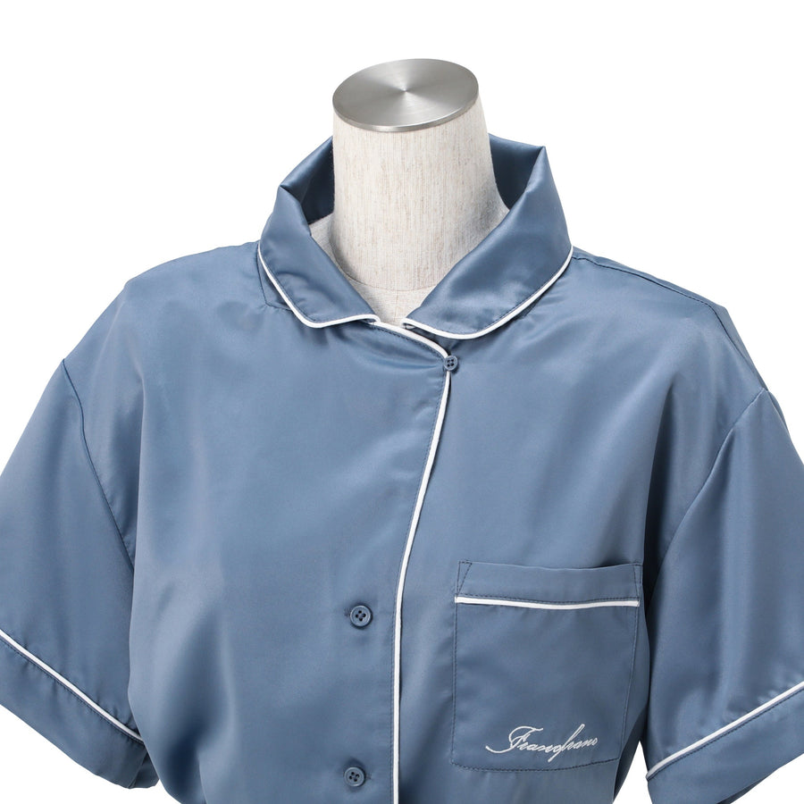 ヒアルロン酸加工ロゴ刺繍 半袖半ズボンパジャマ ブルー