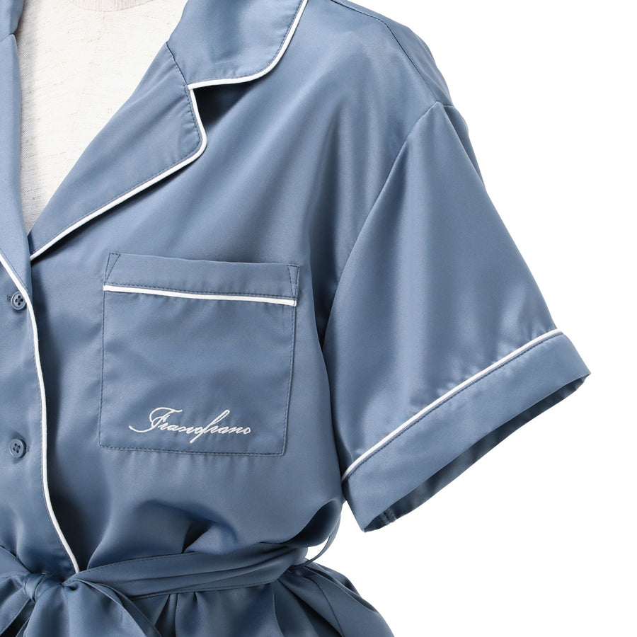 ヒアルロン酸加工ロゴ刺繍 半袖半ズボンパジャマ ブルー