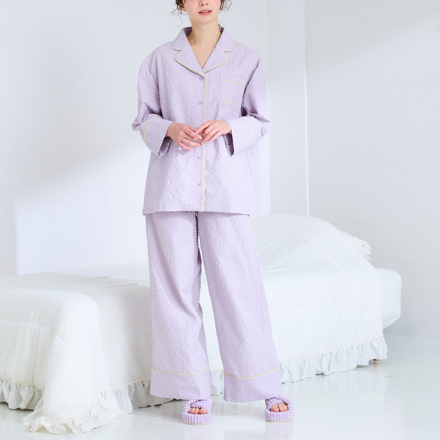 ロゴ刺繍 チェックジャガードパジャマ パープル