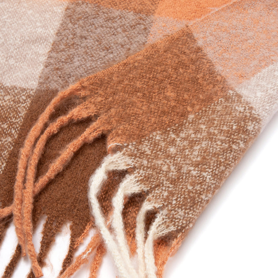 モヘアライク チェックマフラー ブラウン