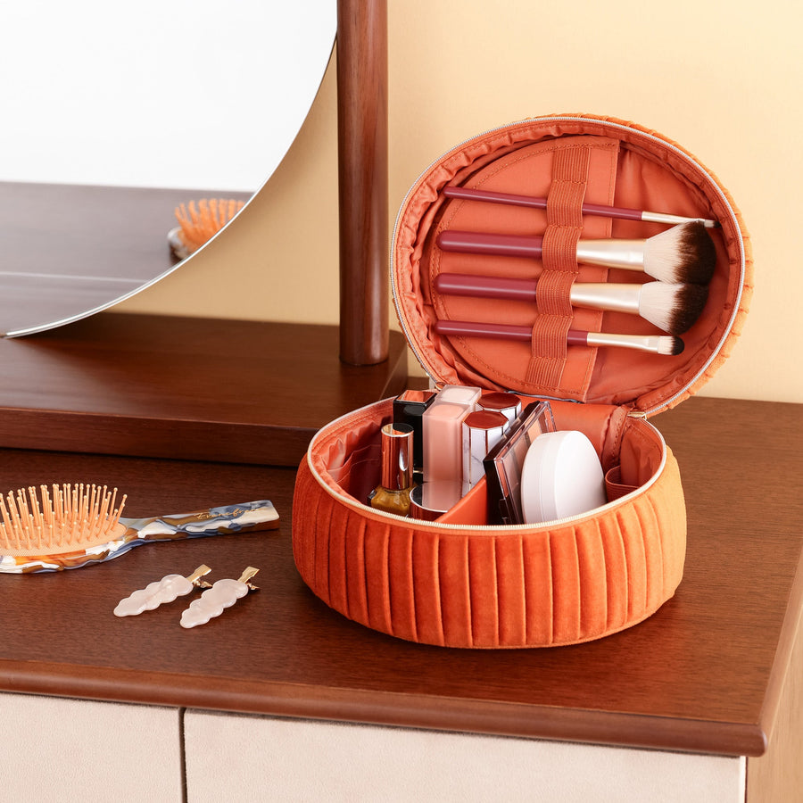 ベロアプリーツ バニティポーチ S オレンジ