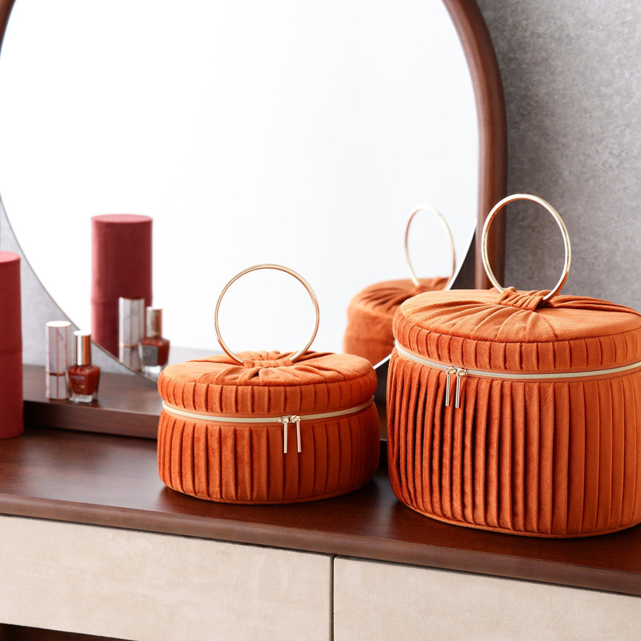 ベロアプリーツ バニティポーチ S オレンジ
