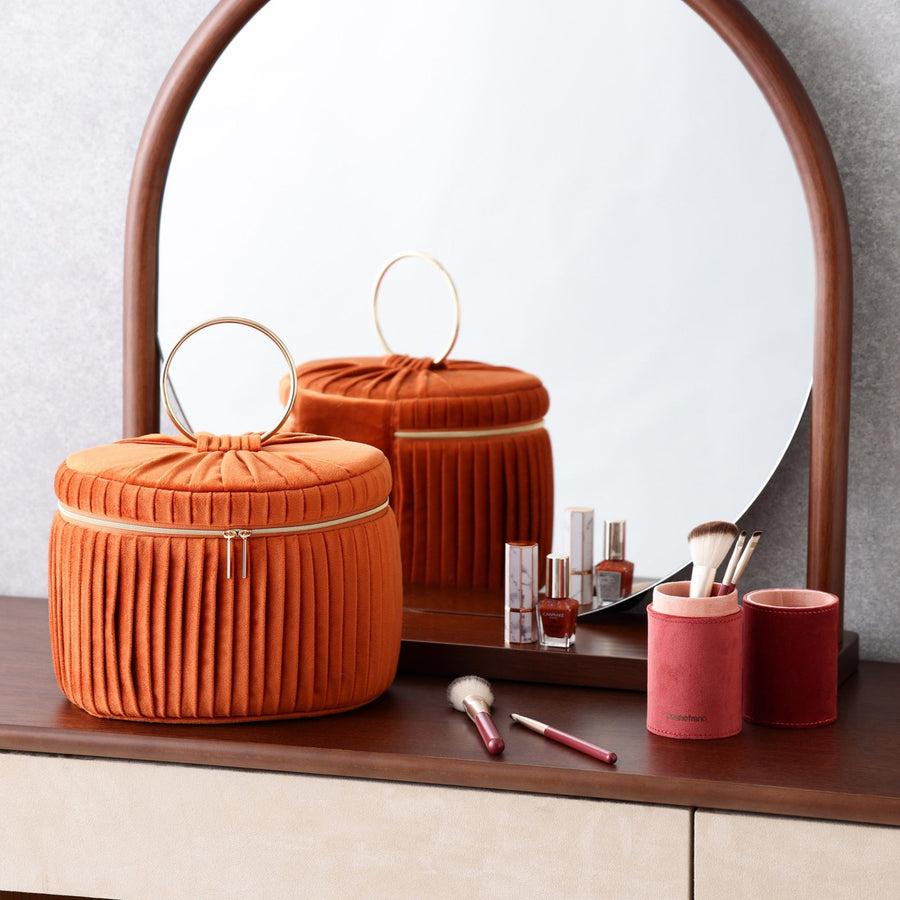 ベロアプリーツ バニティポーチ L オレンジ