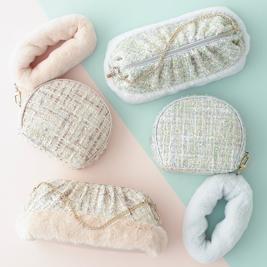 ツイードファー ワイヤーポーチ ライトブルー