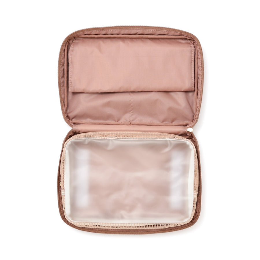 バイカラーサテン ハンギングポーチ L ピンク×ブラウン