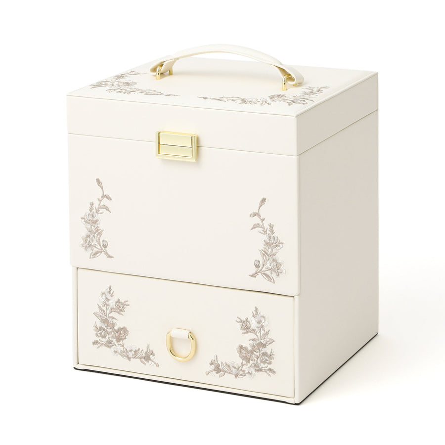 Embroidered Flower Cosmetic Box, Beige