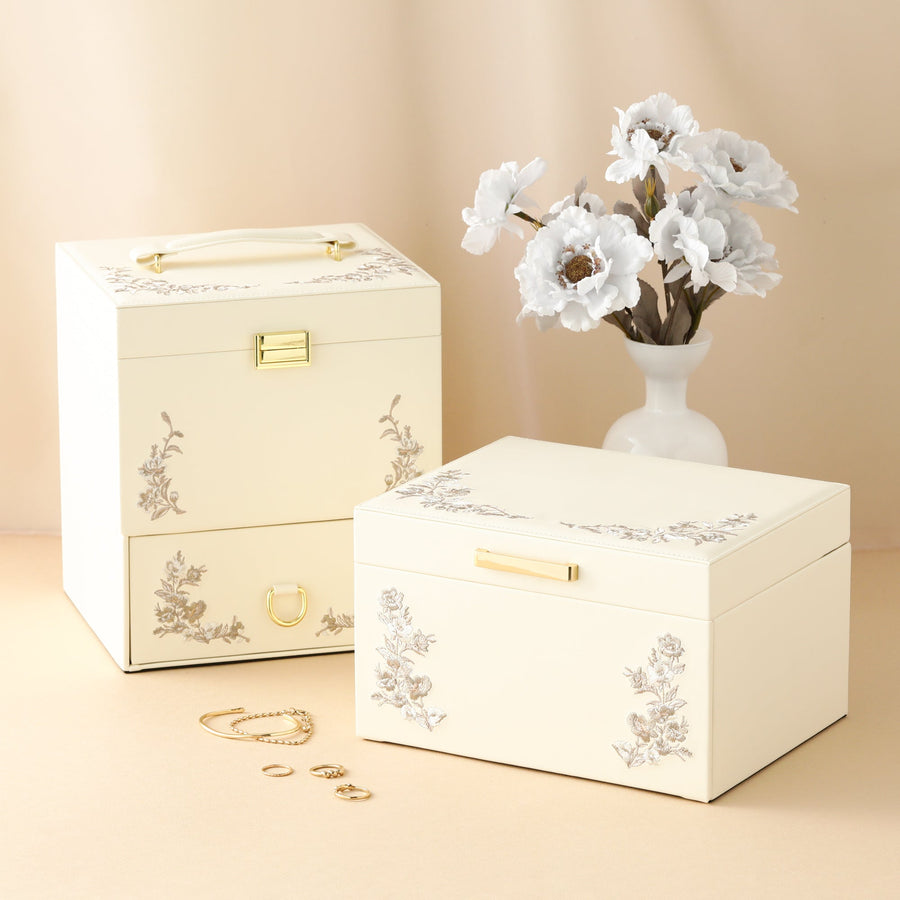 Embroidered Flower Cosmetic Box, Beige