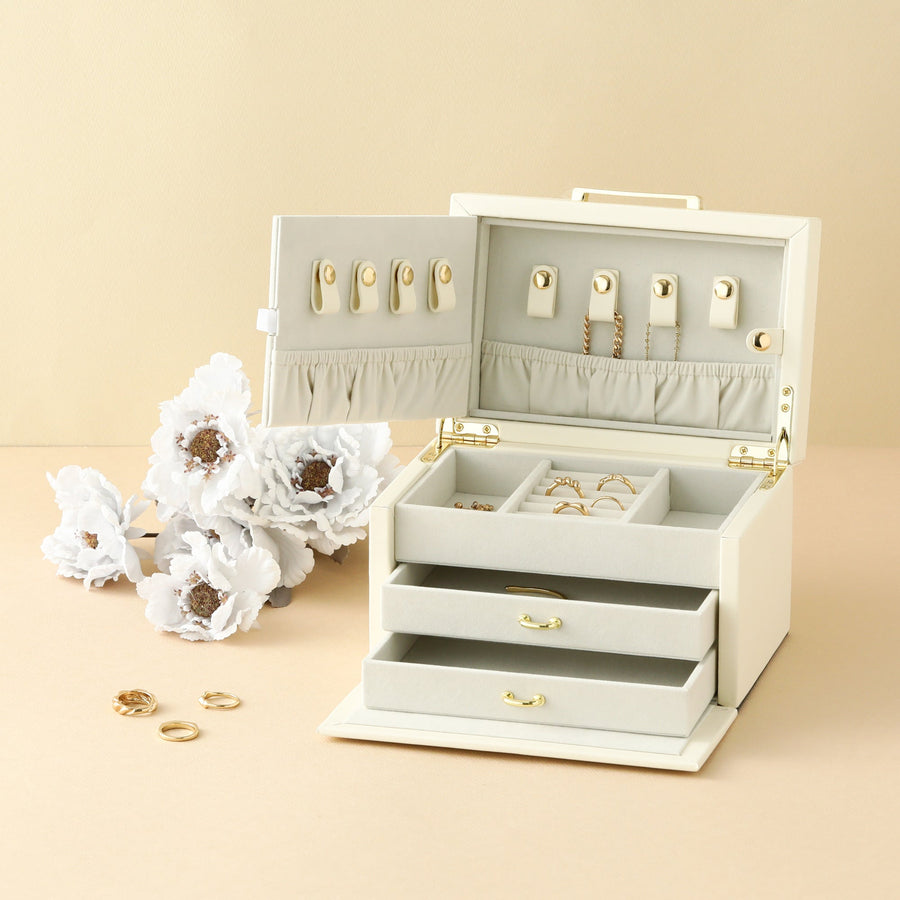 Embroidered Flower Jewelry Box, Small, Beige