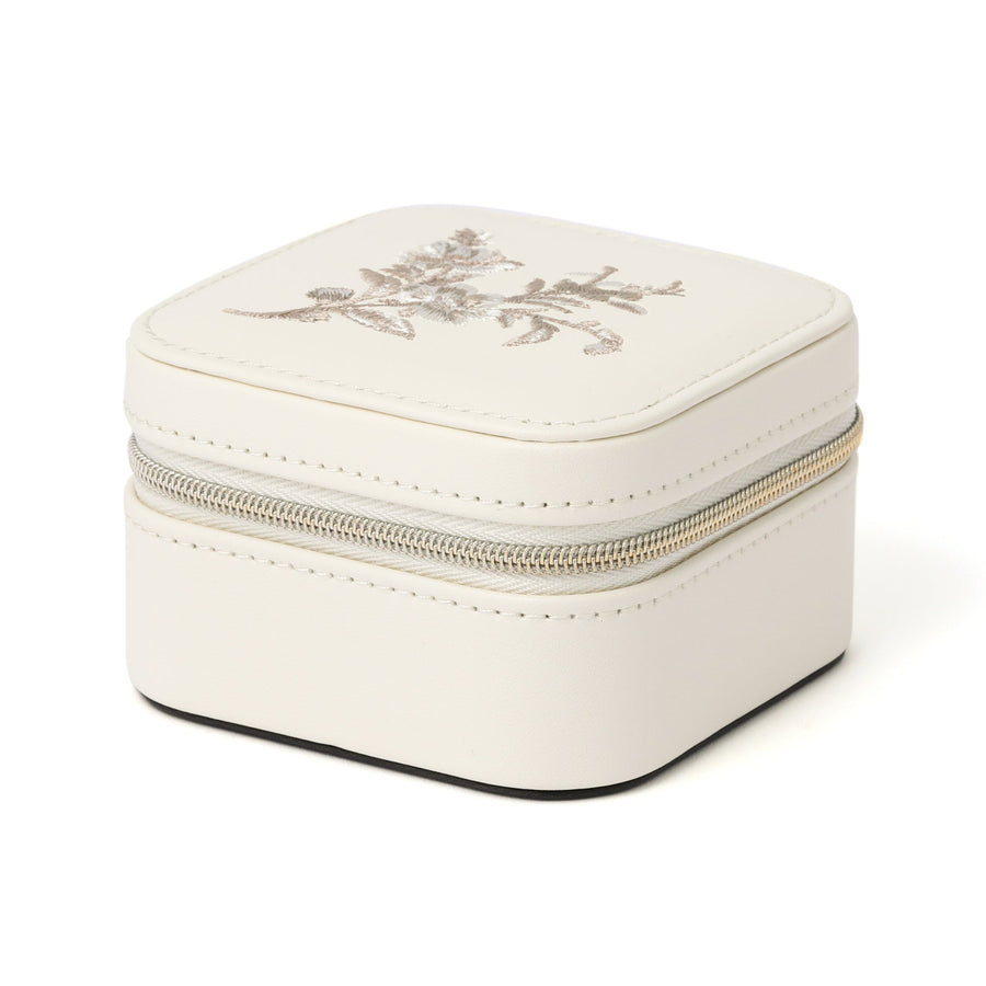 Embroidered Flower Travel Jewelry Box, Small, Beige