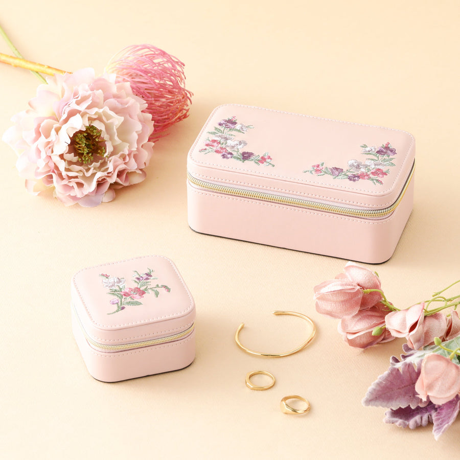 Embroidered Flower Travel Jewelry Box, Small, Beige