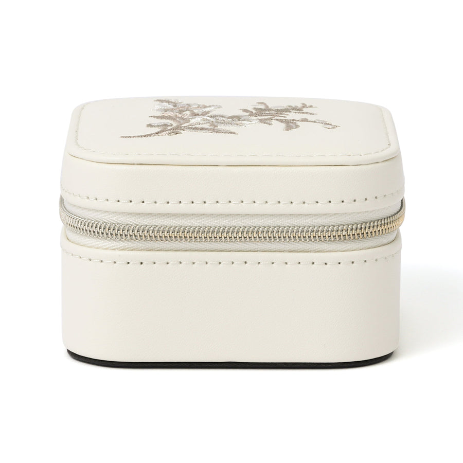 Embroidered Flower Travel Jewelry Box, Small, Beige