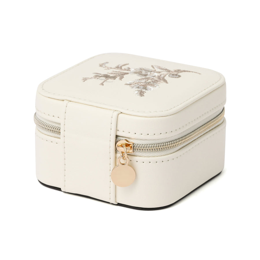 Embroidered Flower Travel Jewelry Box, Small, Beige