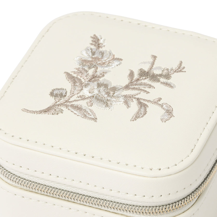 Embroidered Flower Travel Jewelry Box, Small, Beige