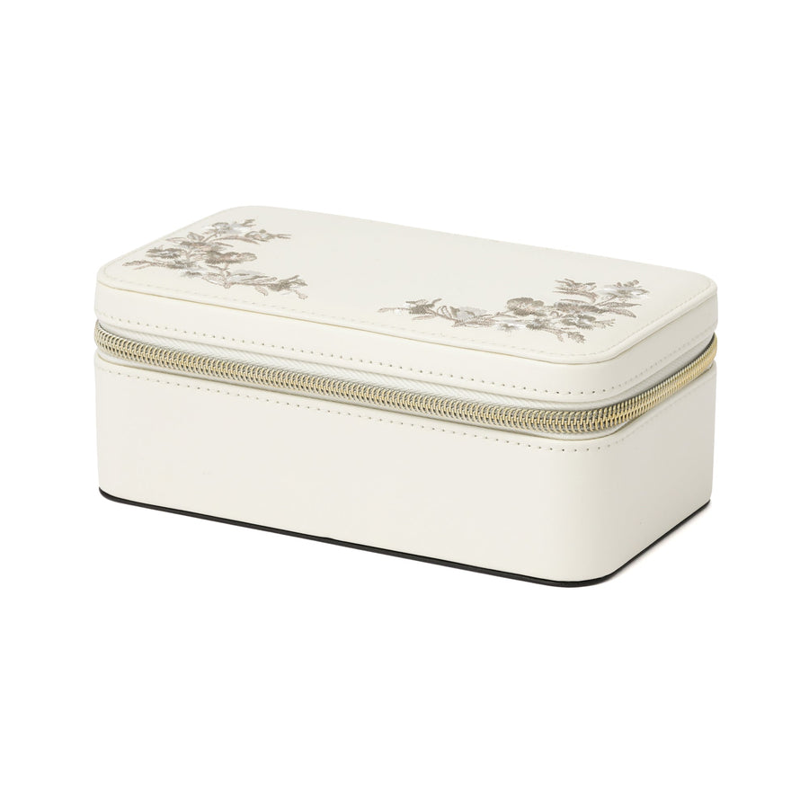 Embroidered Flower Travel Jewelry Box, Medium, Beige