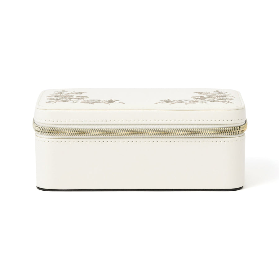 Embroidered Flower Travel Jewelry Box, Medium, Beige