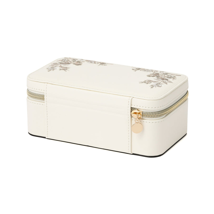 Embroidered Flower Travel Jewelry Box, Medium, Beige