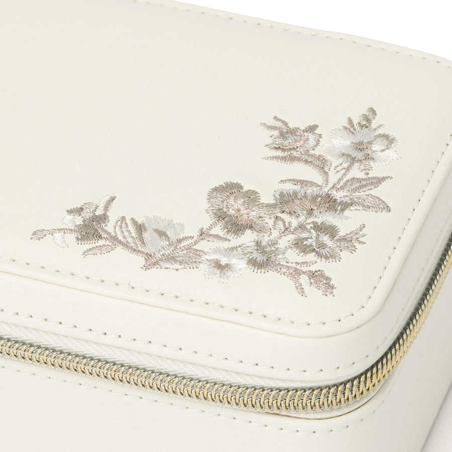 Embroidered Flower Travel Jewelry Box, Medium, Beige