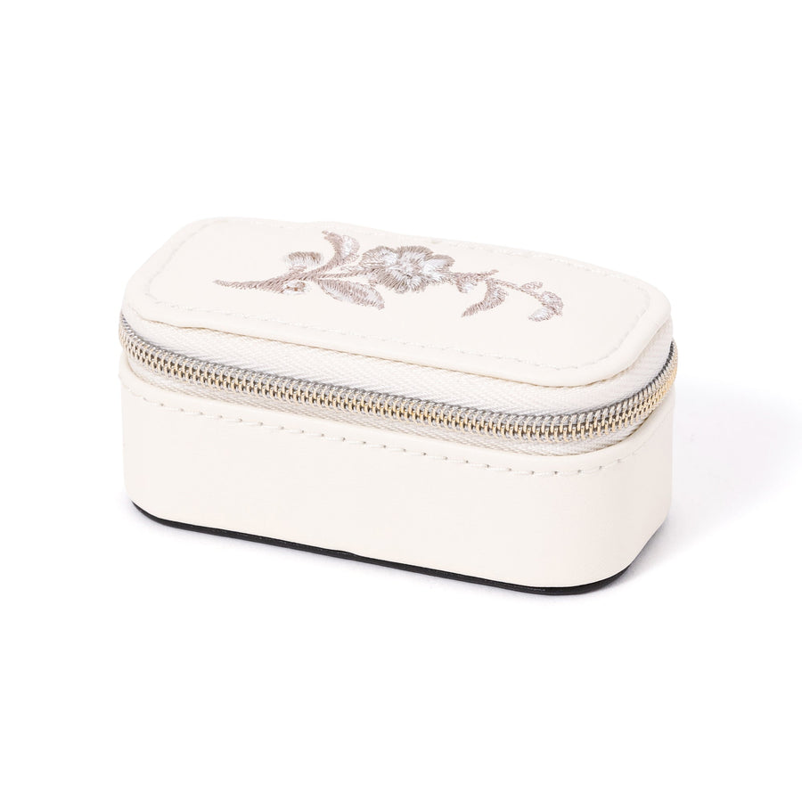 Embroidered Flower Mini Travel Jewelry Box, Ivory