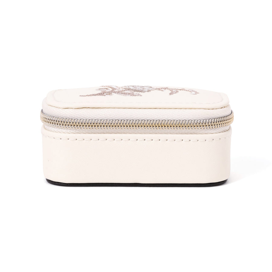 Embroidered Flower Mini Travel Jewelry Box, Ivory