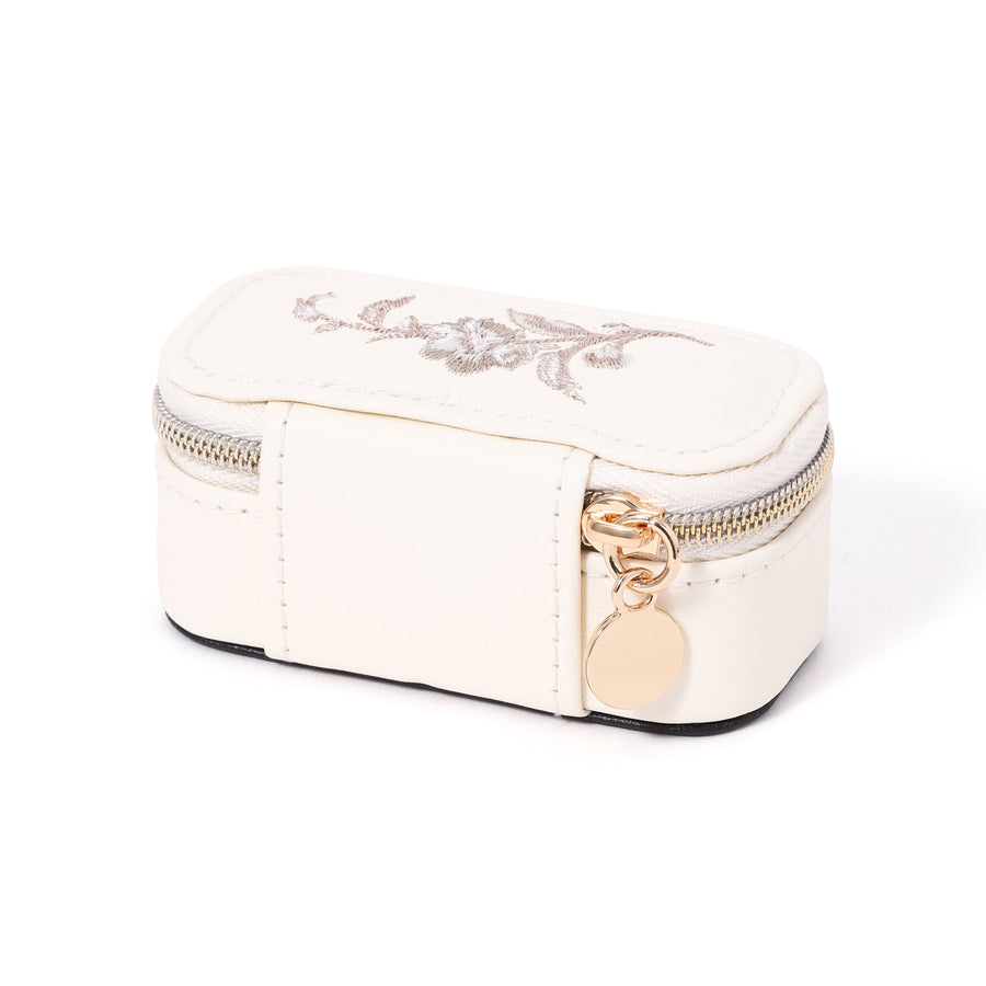 Embroidered Flower Mini Travel Jewelry Box, Ivory