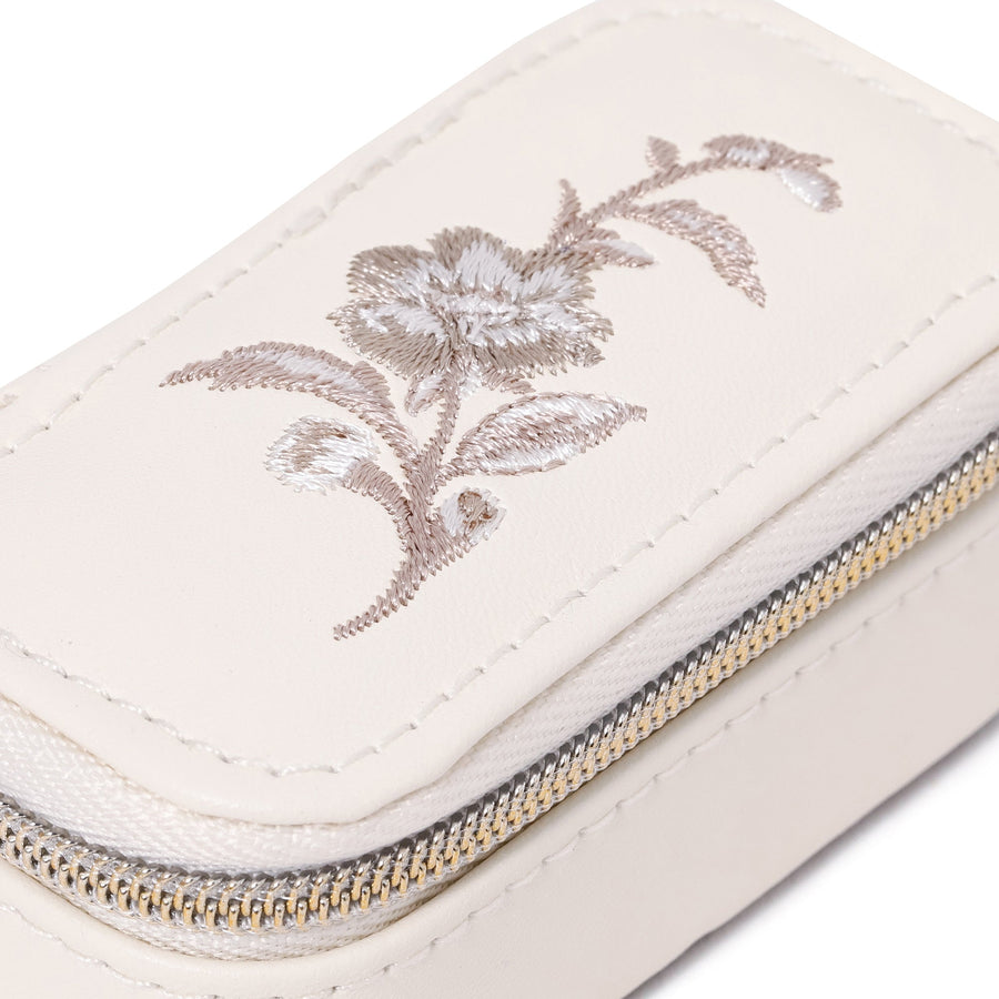 Embroidered Flower Mini Travel Jewelry Box, Ivory