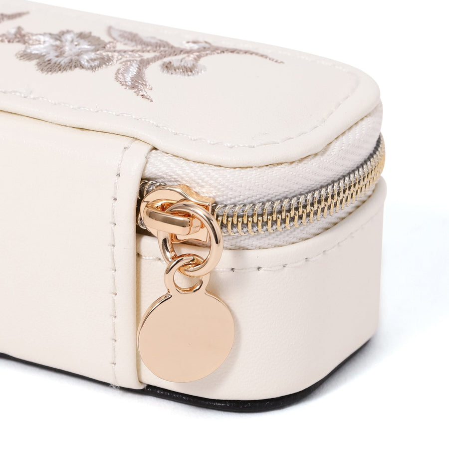 Embroidered Flower Mini Travel Jewelry Box, Ivory
