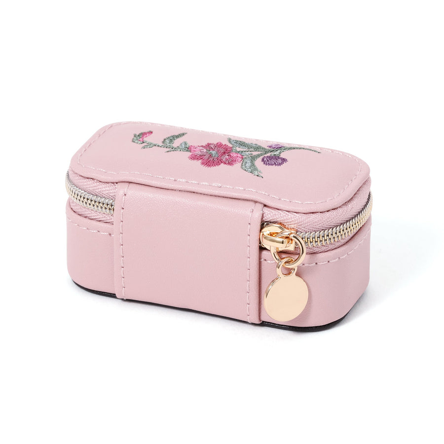 Embroidered Flower Mini Travel Jewelry Box, Pink