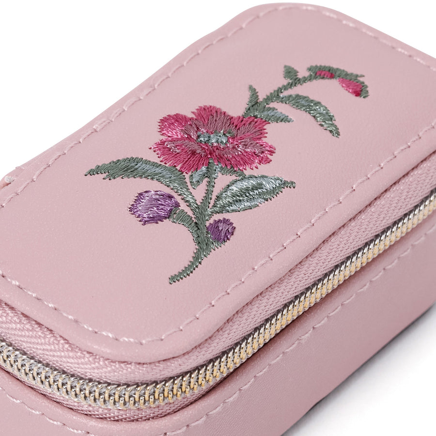 Embroidered Flower Mini Travel Jewelry Box, Pink