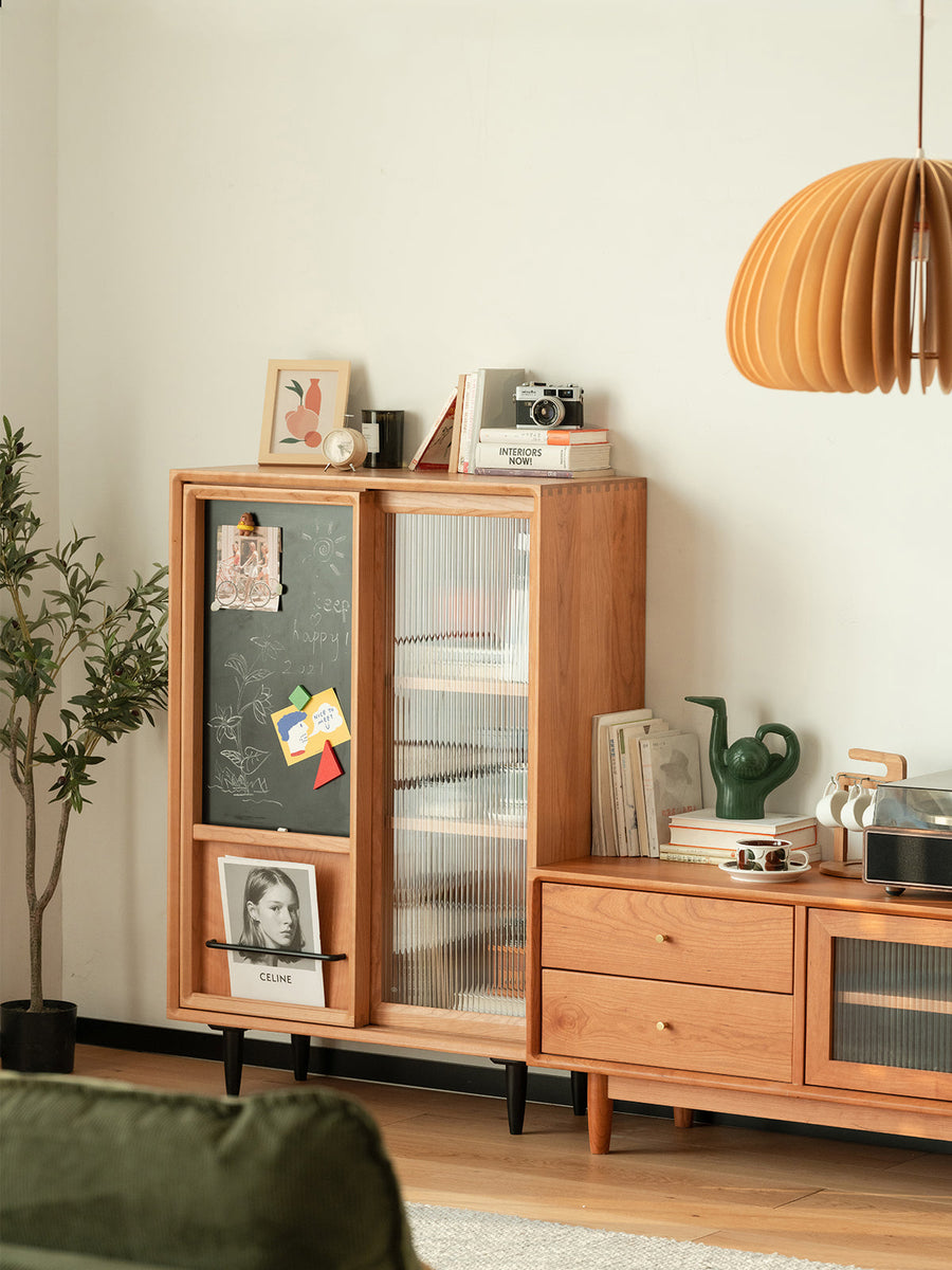 Cherry wood blackboard with molded glass door cabinet