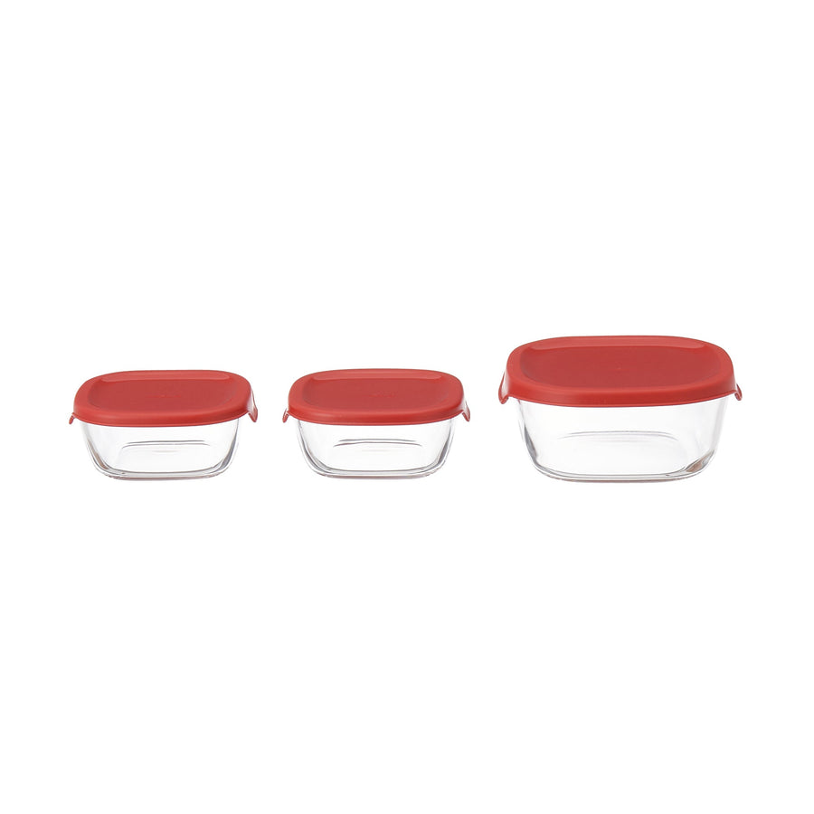 Heat-resistant glass storage container set, red (2 S, 1 M)