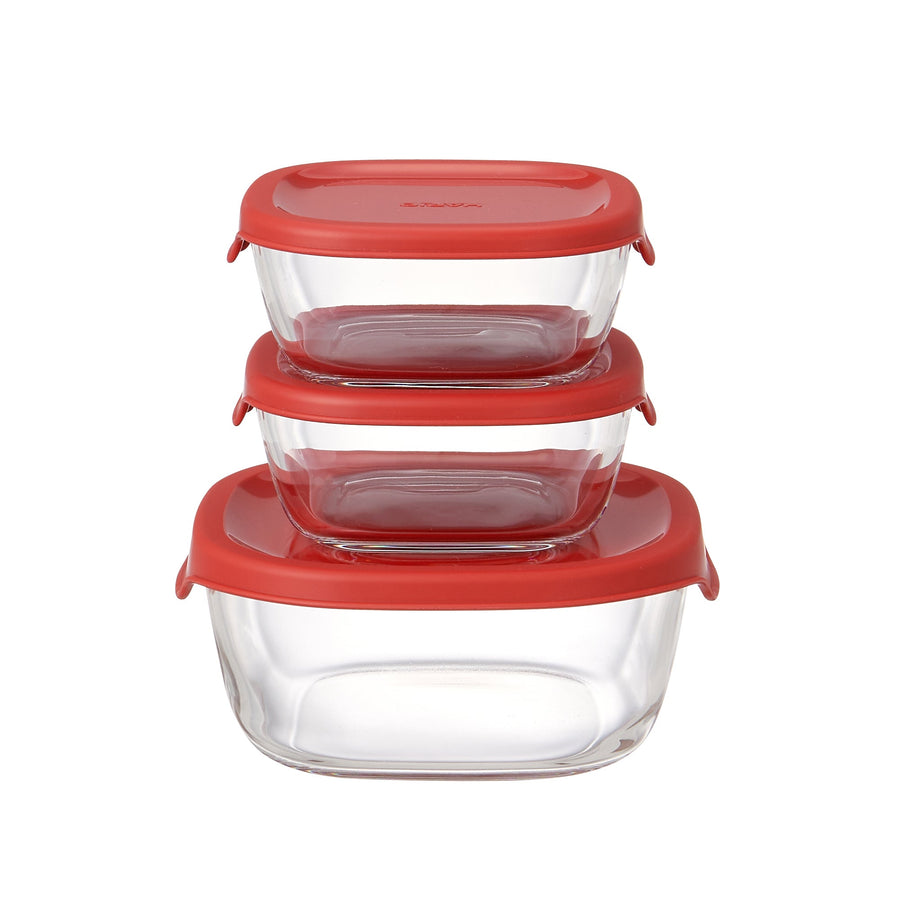 Heat-resistant glass storage container set, red (2 S, 1 M)