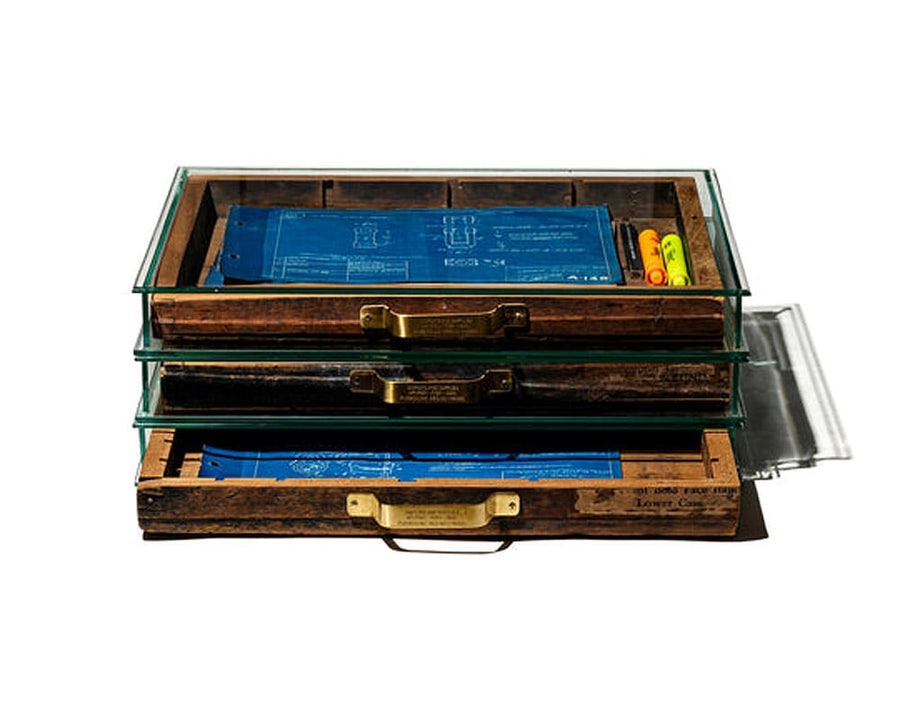 GLASS DISPLAY CASE WITH VINTAGE DRAWER