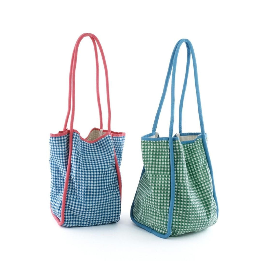 Block-printed gingham check bag with piping accents